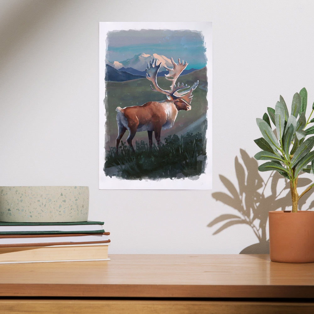 Watercolor Study, Caribou with Mountain, Art & Giclee Prints Art Lantern Press 