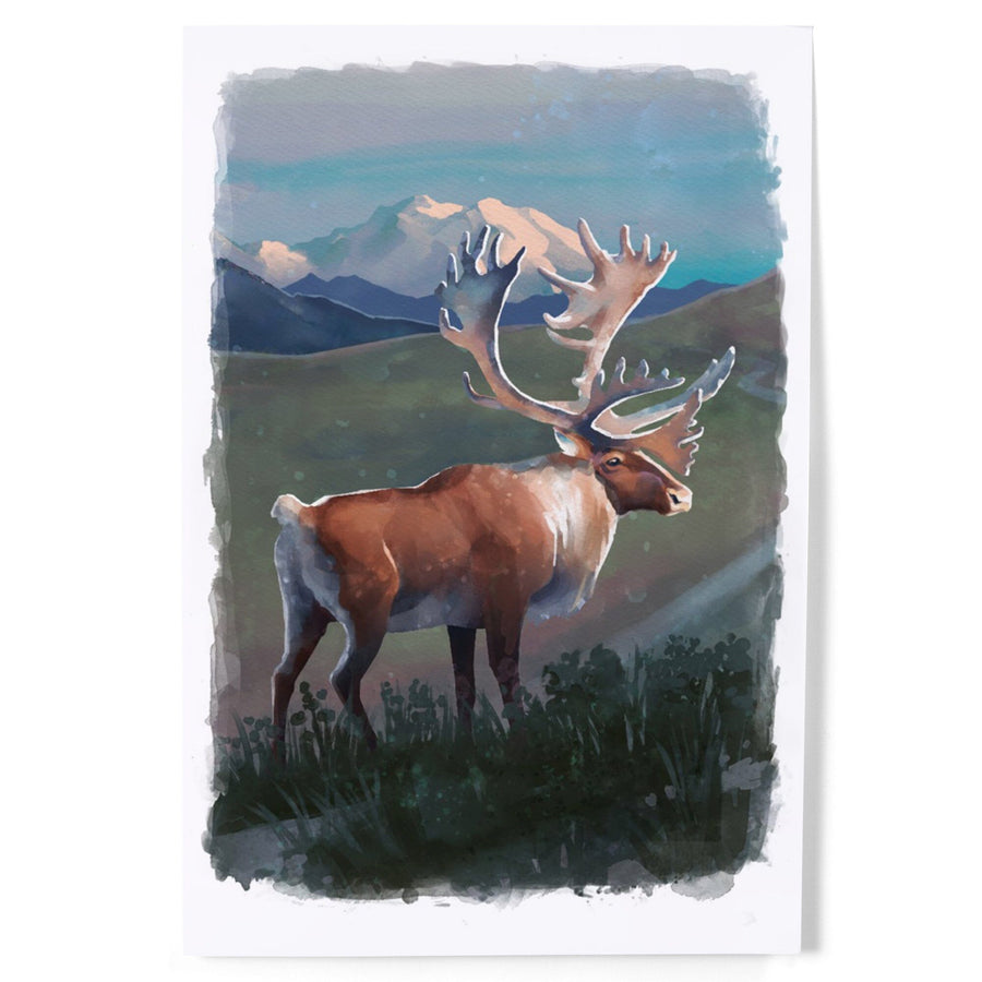 Watercolor Study, Caribou with Mountain, Art & Giclee Prints Art Lantern Press 