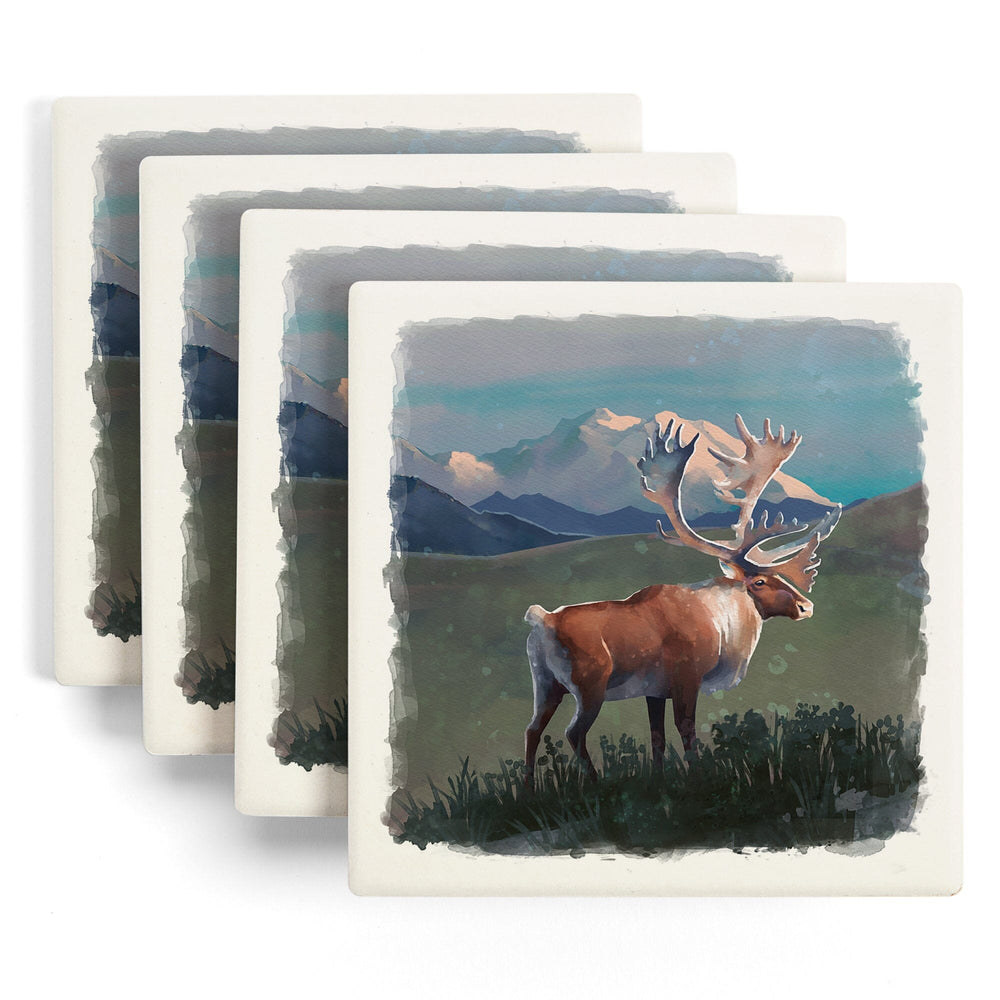 Watercolor Study, Caribou with Mountain, Coasters Coasters Lantern Press 