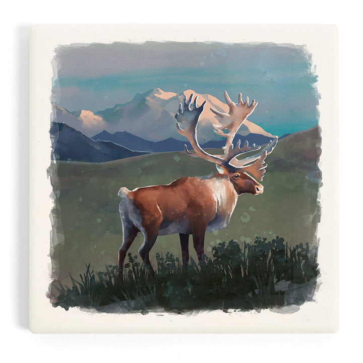 Watercolor Study, Caribou with Mountain, Coasters Coasters Lantern Press 
