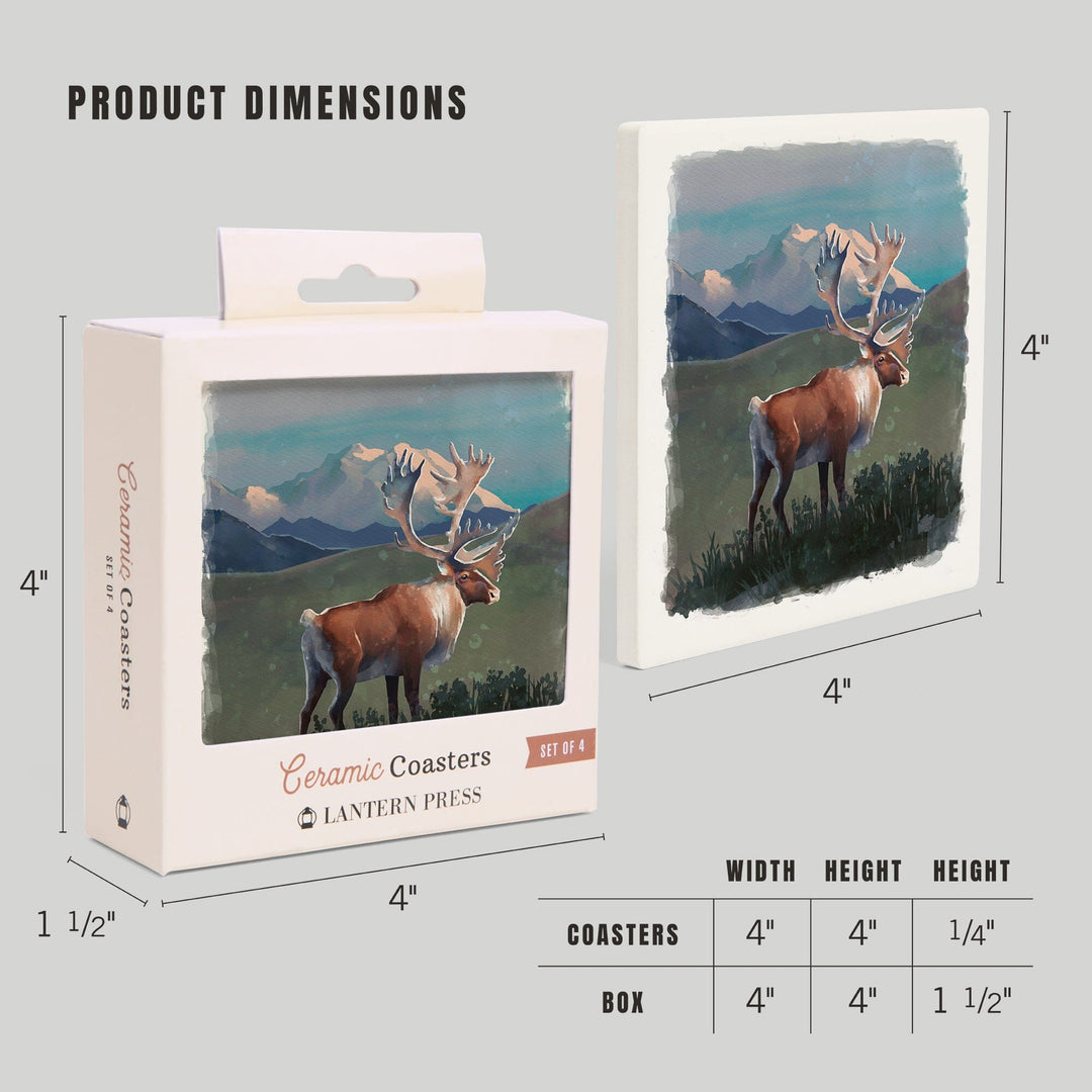 Watercolor Study, Caribou with Mountain, Coasters Coasters Lantern Press 