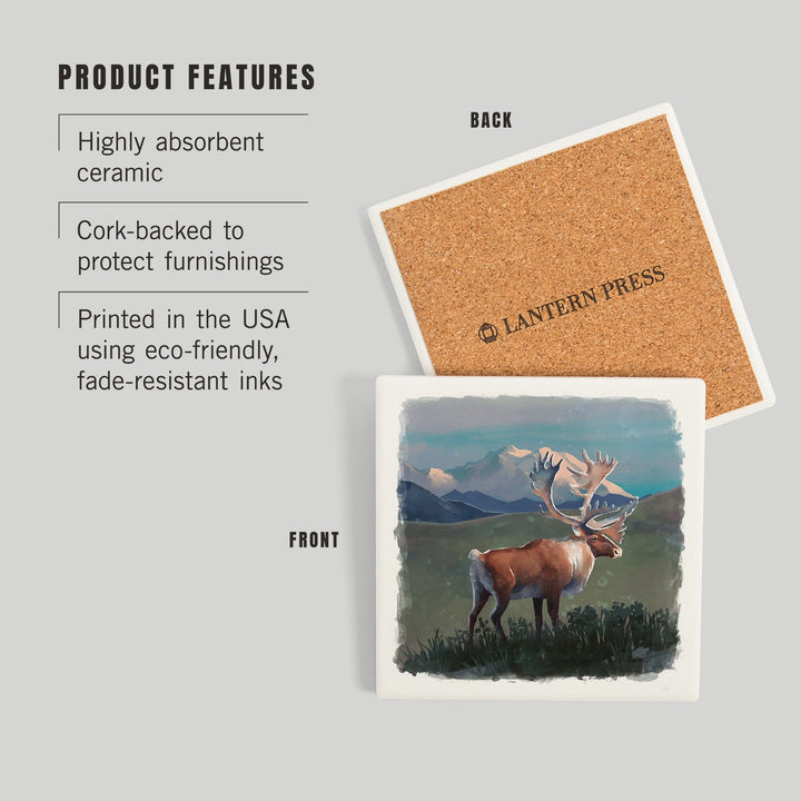 Watercolor Study, Caribou with Mountain, Coasters Coasters Lantern Press 