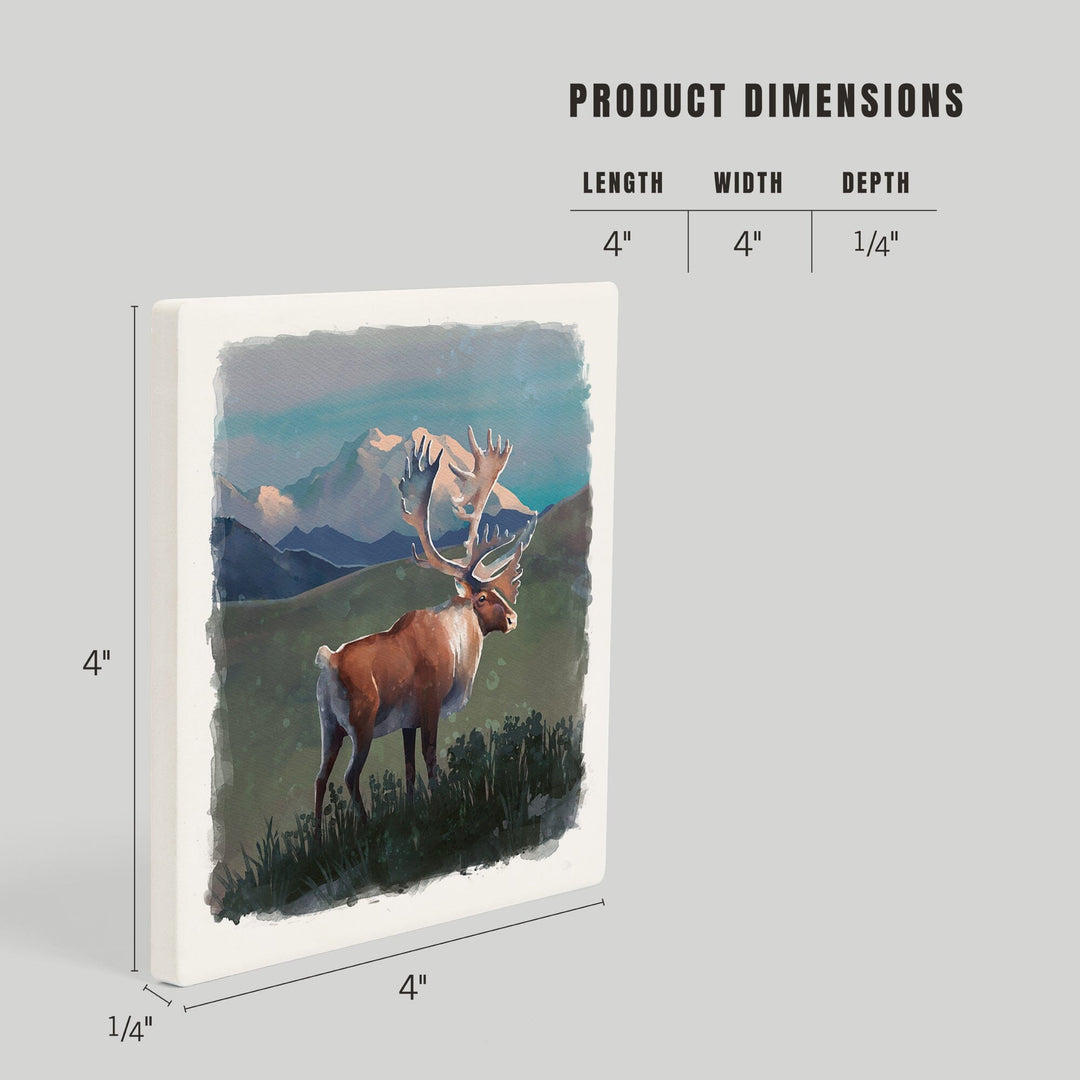 Watercolor Study, Caribou with Mountain, Coasters Coasters Lantern Press 