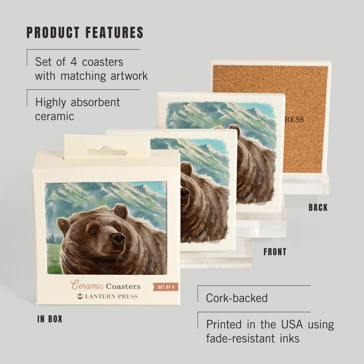 Watercolor Study, Grizzly Bear with Mountain, Coasters Coasters Lantern Press 