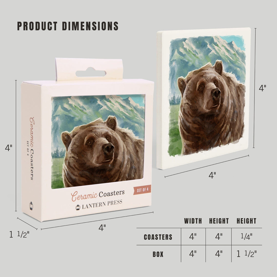 Watercolor Study, Grizzly Bear with Mountain, Coasters Coasters Lantern Press 