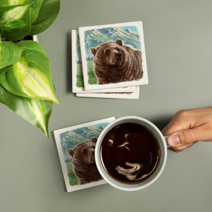 Watercolor Study, Grizzly Bear with Mountain, Coasters Coasters Lantern Press 