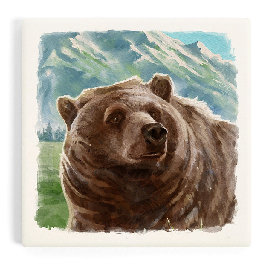 Watercolor Study, Grizzly Bear with Mountain, Coasters Coasters Lantern Press 