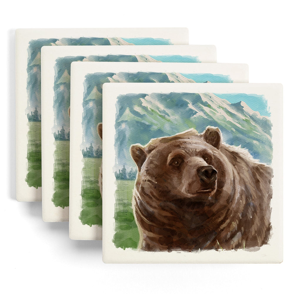 Watercolor Study, Grizzly Bear with Mountain, Coasters Coasters Lantern Press 