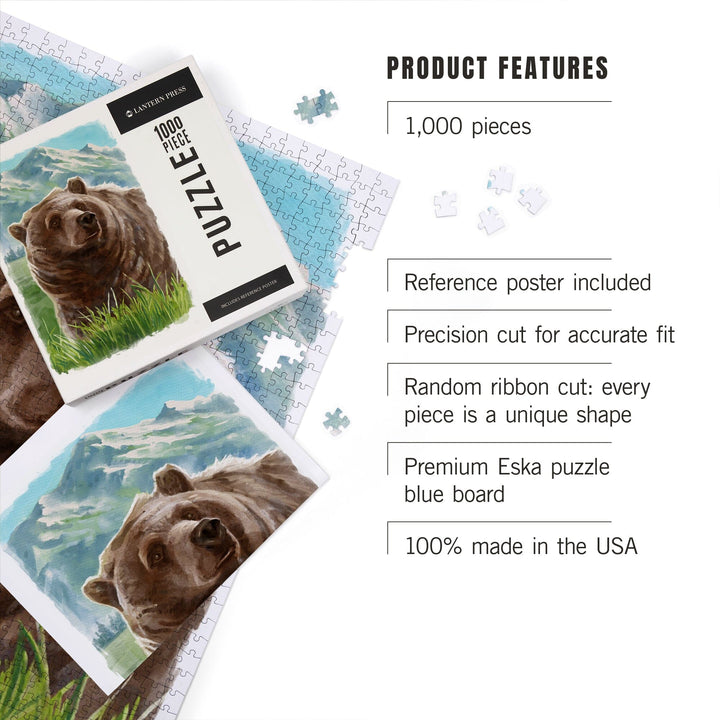 Watercolor Study, Grizzly Bear with Mountain, Jigsaw Puzzle Puzzle Lantern Press 