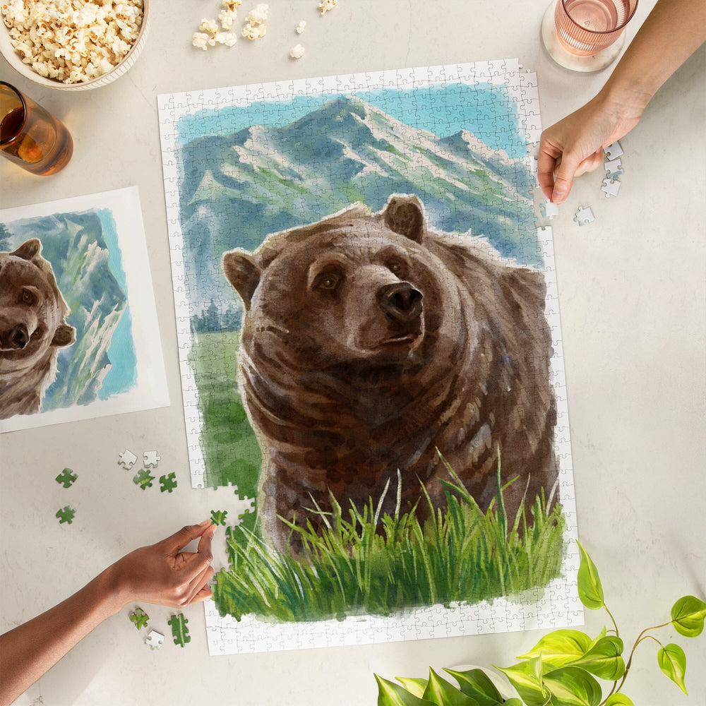 Watercolor Study, Grizzly Bear with Mountain, Jigsaw Puzzle Puzzle Lantern Press 