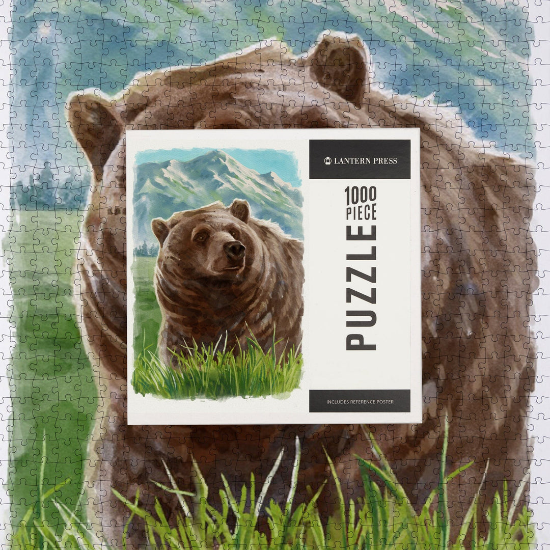 Watercolor Study, Grizzly Bear with Mountain, Jigsaw Puzzle Puzzle Lantern Press 