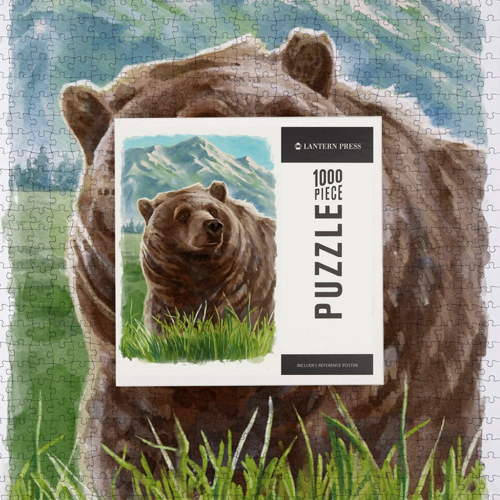 Watercolor Study, Grizzly Bear with Mountain, Jigsaw Puzzle Puzzle Lantern Press 