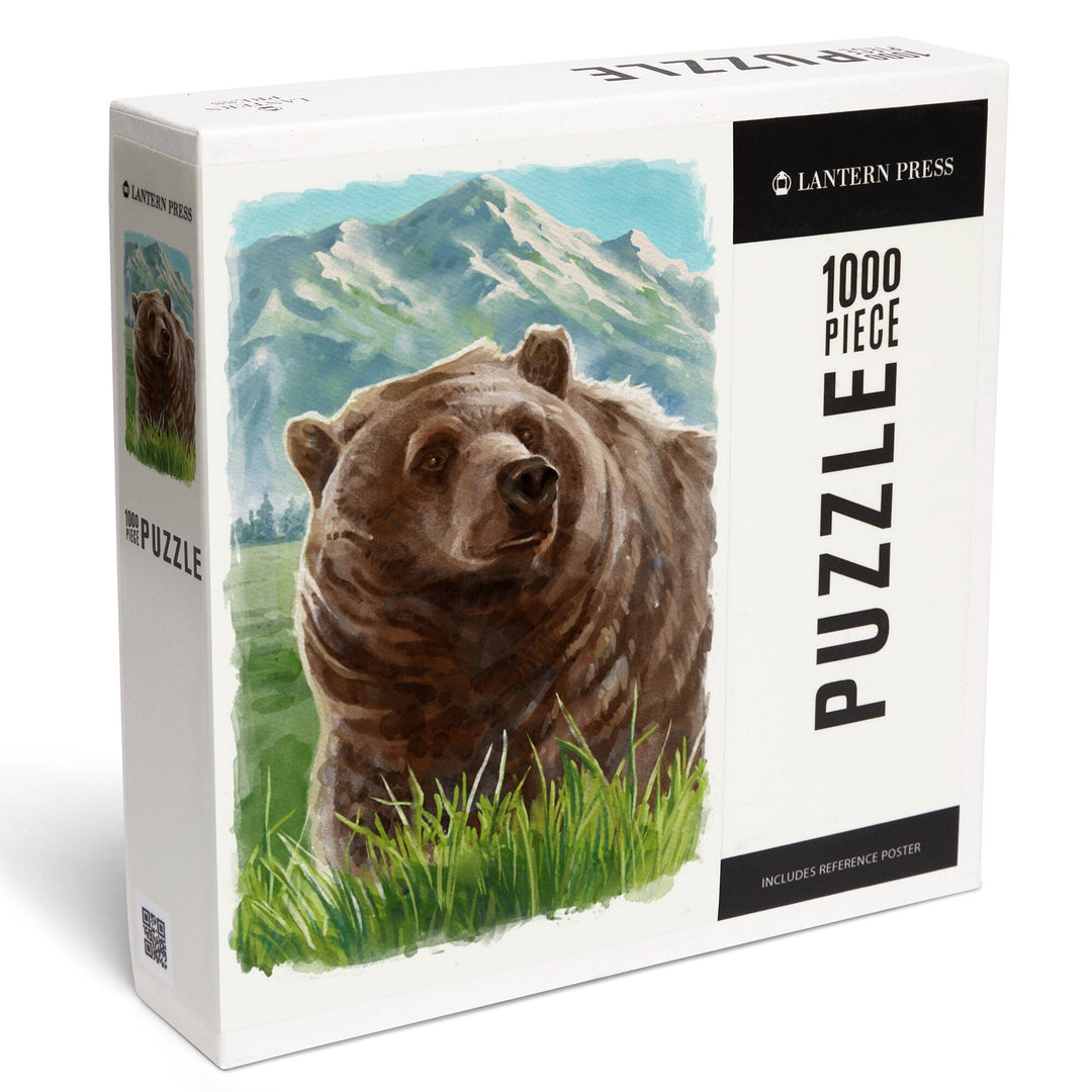 Watercolor Study, Grizzly Bear with Mountain, Jigsaw Puzzle Puzzle Lantern Press 