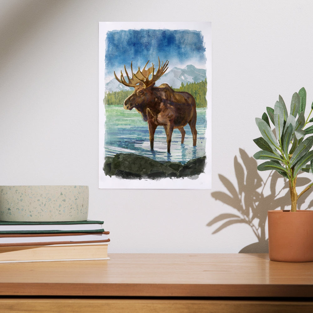 Watercolor Study, Moose with Mountain, Art & Giclee Prints Art Lantern Press 