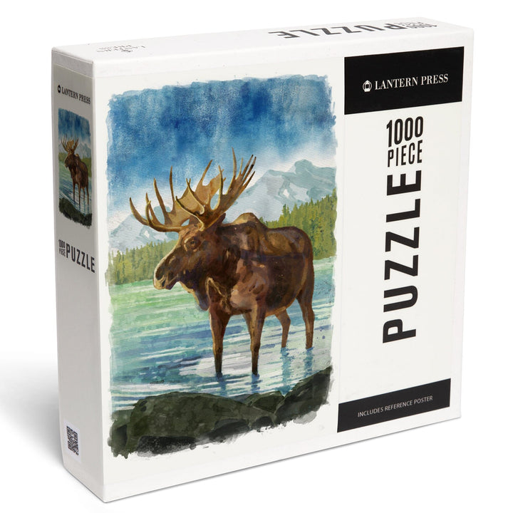 Watercolor Study, Moose with Mountain, Jigsaw Puzzle Puzzle Lantern Press 