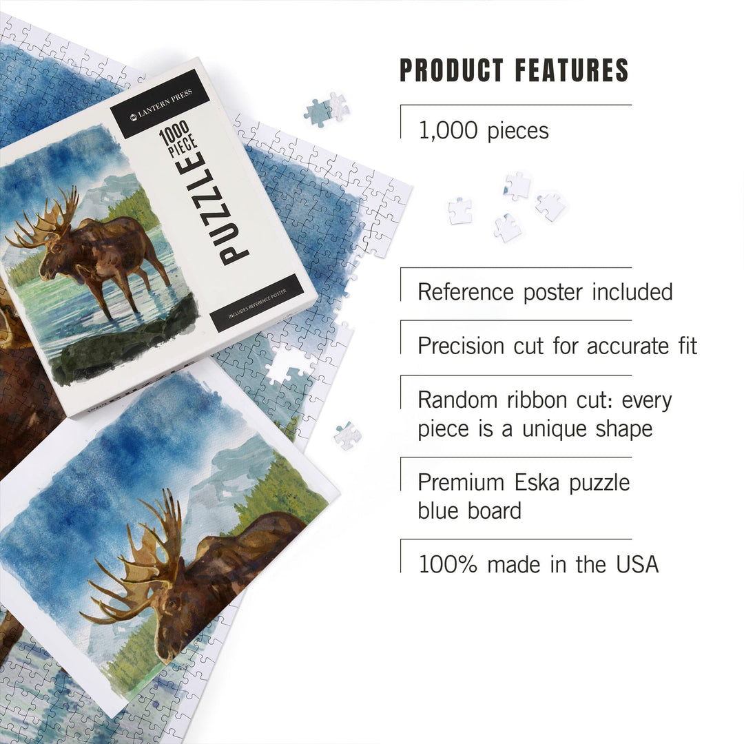 Watercolor Study, Moose with Mountain, Jigsaw Puzzle Puzzle Lantern Press 