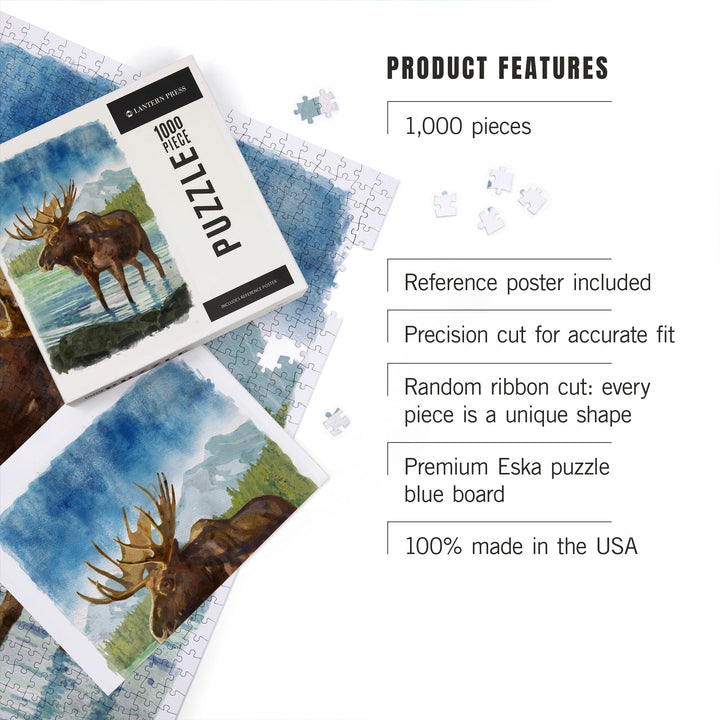 Watercolor Study, Moose with Mountain, Jigsaw Puzzle Puzzle Lantern Press 