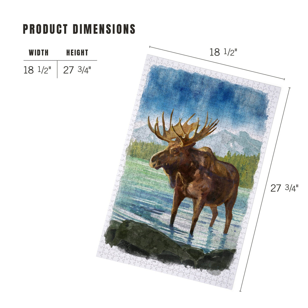 Watercolor Study, Moose with Mountain, Jigsaw Puzzle Puzzle Lantern Press 