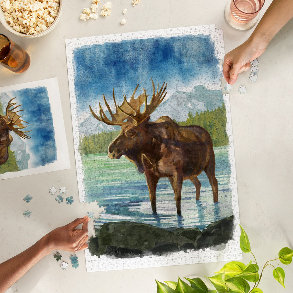 Watercolor Study, Moose with Mountain, Jigsaw Puzzle Puzzle Lantern Press 