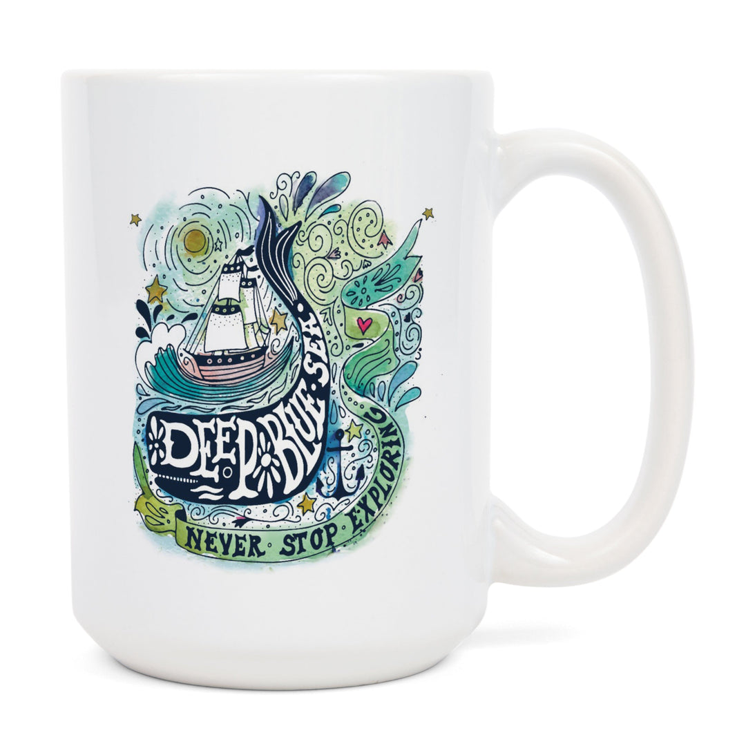 Watercolor Whale, Deep Blue Sea, Nautical Art, Contour, Ceramic Mug Mugs Lantern Press 