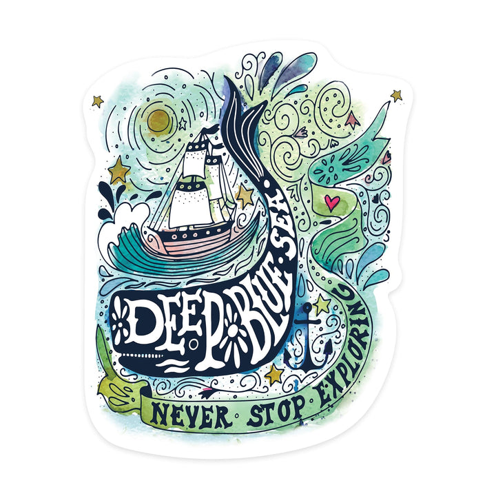 Watercolor Whale, Deep Blue Sea, Nautical Art, Contour, Vinyl Sticker Sticker Lantern Press 