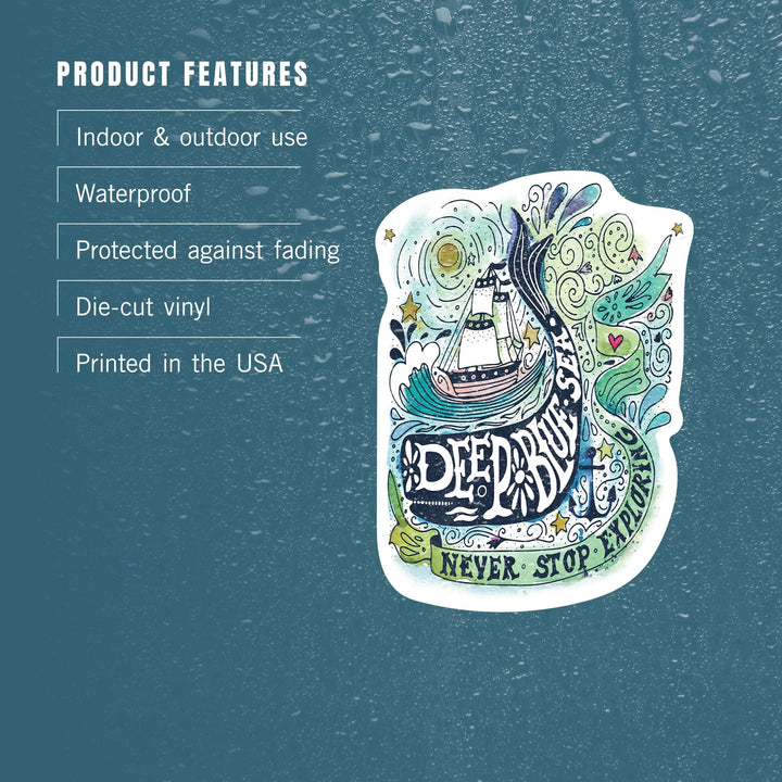 Watercolor Whale, Deep Blue Sea, Nautical Art, Contour, Vinyl Sticker Sticker Lantern Press 