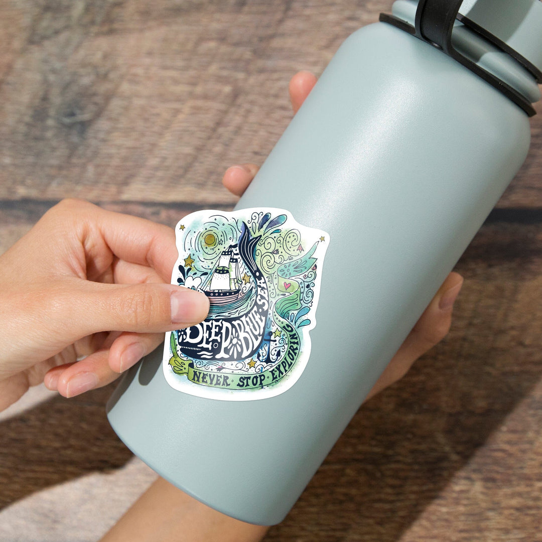 Watercolor Whale, Deep Blue Sea, Nautical Art, Contour, Vinyl Sticker Sticker Lantern Press 