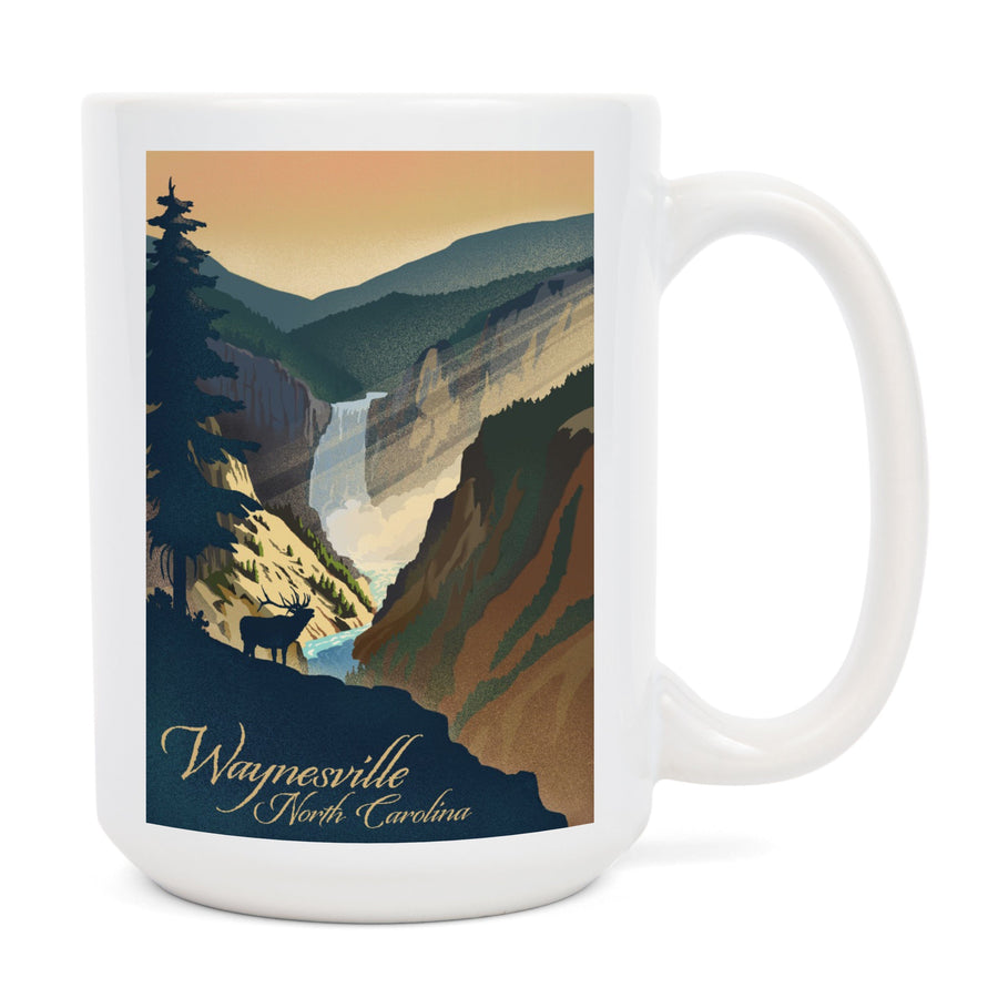 Waynesville, North Carolina, Elk and Falls, Lithograph, Ceramic Mug Mugs Lantern Press 