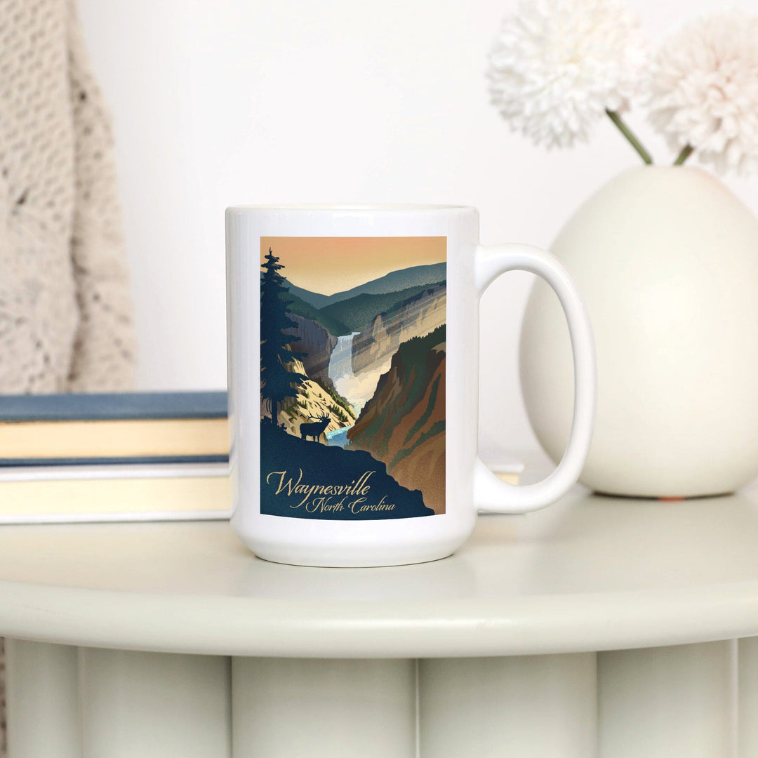 Waynesville, North Carolina, Elk and Falls, Lithograph, Ceramic Mug Mugs Lantern Press 