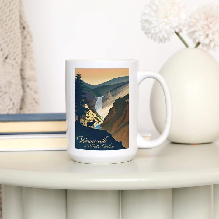 Waynesville, North Carolina, Elk and Falls, Lithograph, Ceramic Mug Mugs Lantern Press 