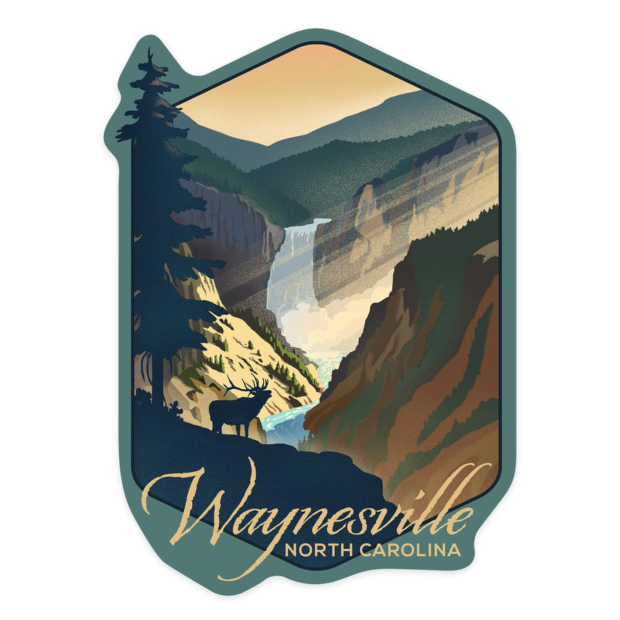 Waynesville, North Carolina, Elk and Falls, Lithograph, Contour, Vinyl Sticker Sticker Lantern Press 