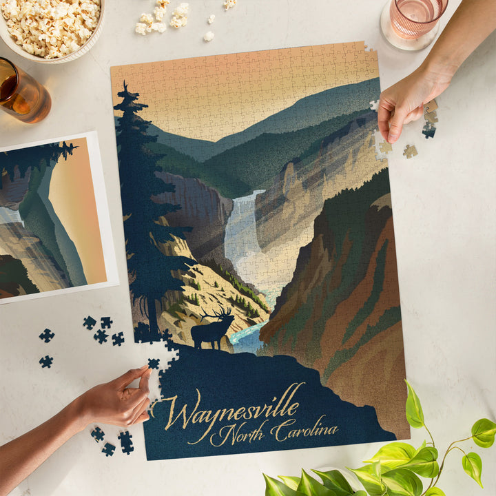 Waynesville, North Carolina, Elk and Falls, Lithograph, Jigsaw Puzzle Puzzle Lantern Press 