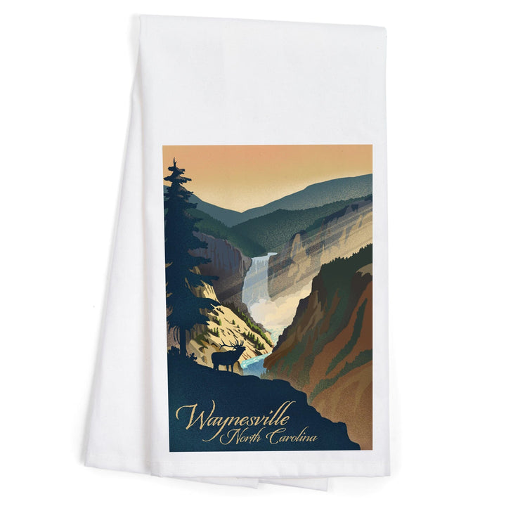 Waynesville, North Carolina, Elk and Falls, Lithograph, Organic Cotton Kitchen Tea Towels Kitchen Lantern Press 