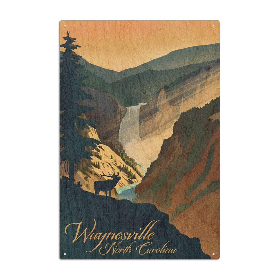 Waynesville, North Carolina, Elk & Falls, Lithograph, Lantern Press Artwork, Wood Signs and Postcards Wood Lantern Press 10 x 15 Wood Sign 