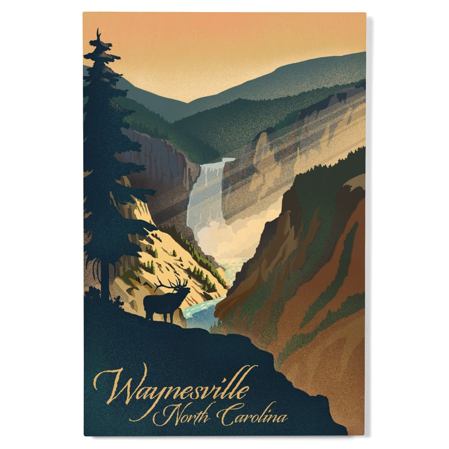 Waynesville, North Carolina, Elk & Falls, Lithograph, Lantern Press Artwork, Wood Signs and Postcards Wood Lantern Press 