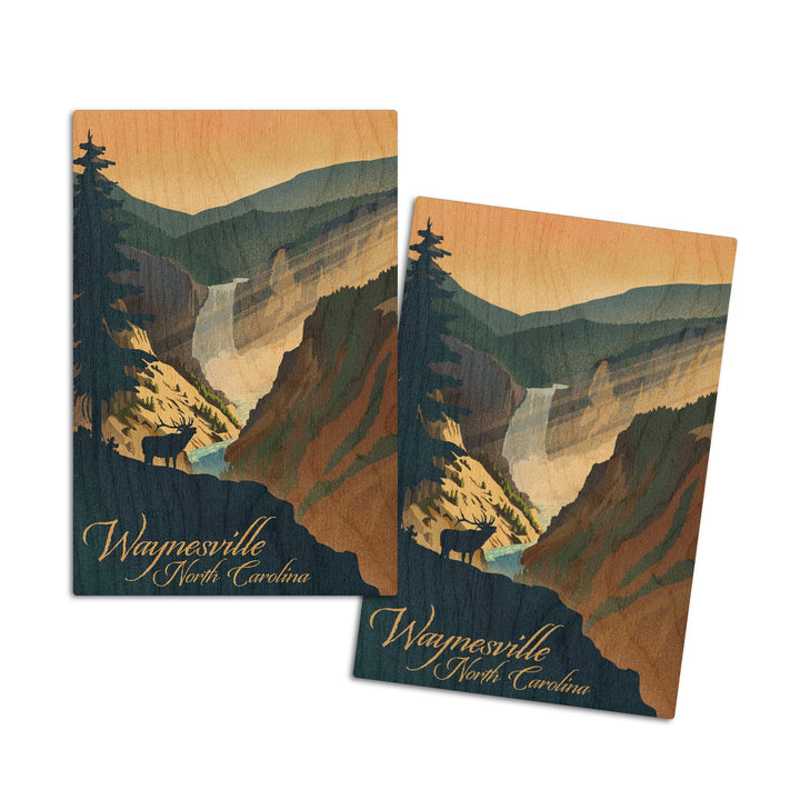 Waynesville, North Carolina, Elk & Falls, Lithograph, Lantern Press Artwork, Wood Signs and Postcards Wood Lantern Press 4x6 Wood Postcard Set 