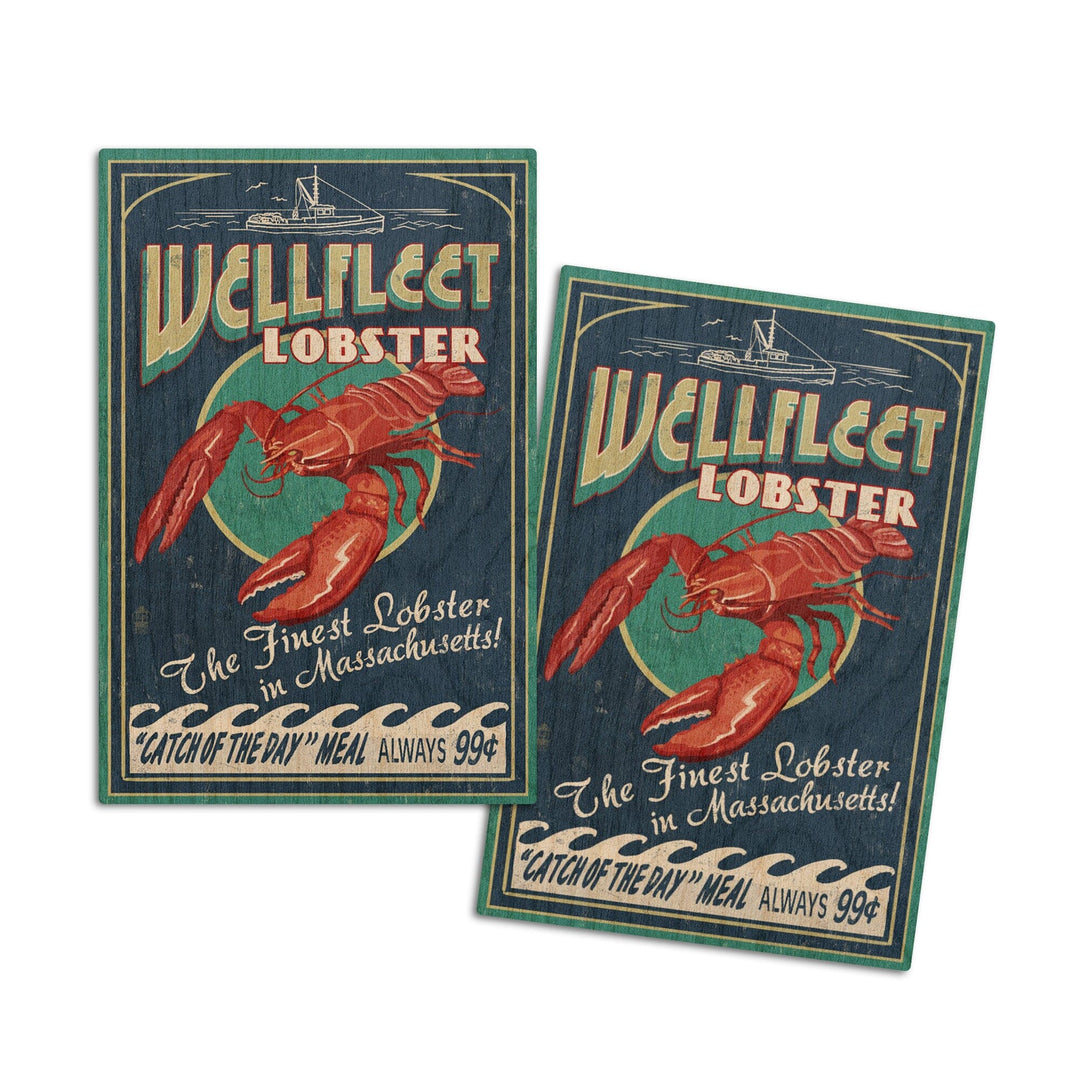 Wellfleet, Massachusetts, Lobster Vintage Sign, Lantern Press Artwork, Wood Signs and Postcards Wood Lantern Press 4x6 Wood Postcard Set 