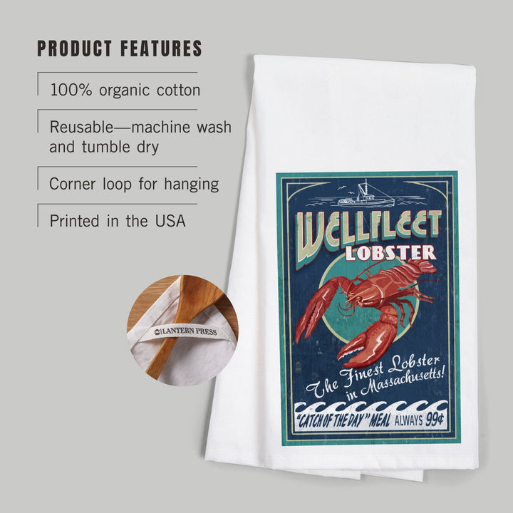 Wellfleet, Massachusetts, Lobster Vintage Sign, Organic Cotton Kitchen Tea Towels Kitchen Lantern Press 