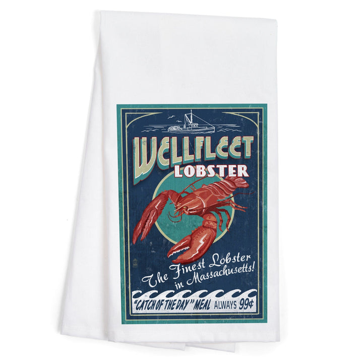 Wellfleet, Massachusetts, Lobster Vintage Sign, Organic Cotton Kitchen Tea Towels Kitchen Lantern Press 