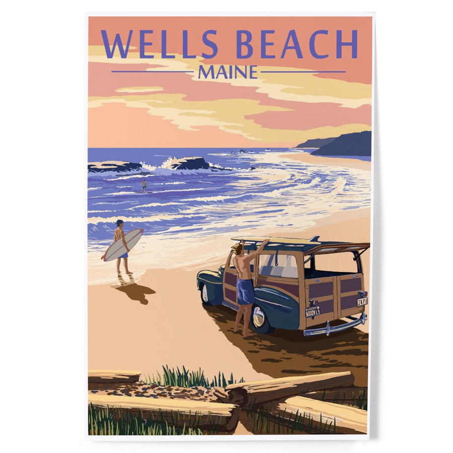 Wells Beach, Maine, Woody and Surfer on Beach, Art & Giclee Prints Art Lantern Press 