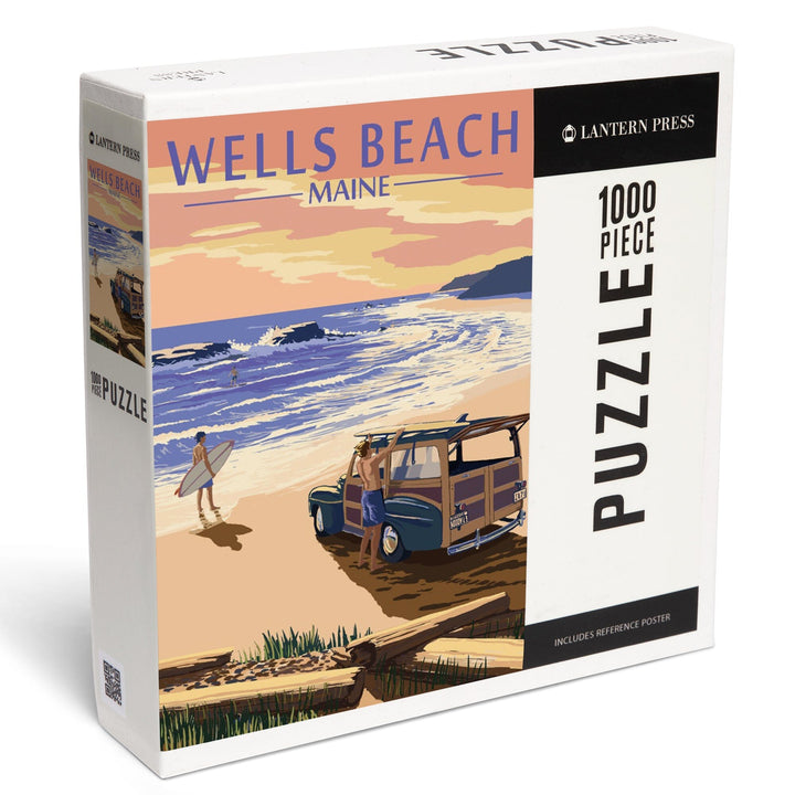 Wells Beach, Maine, Woody and Surfer on Beach, Jigsaw Puzzle Puzzle Lantern Press 