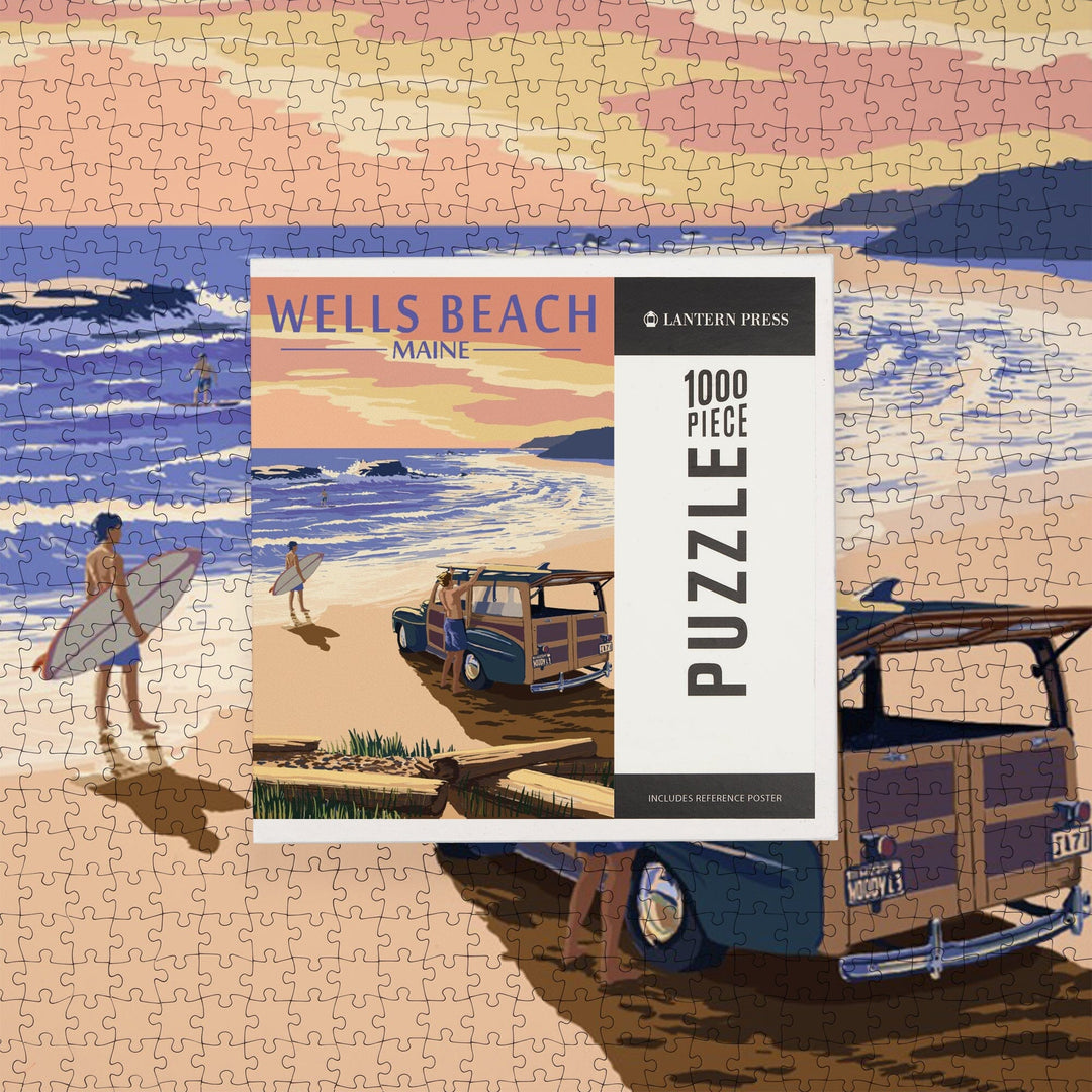 Wells Beach, Maine, Woody and Surfer on Beach, Jigsaw Puzzle Puzzle Lantern Press 