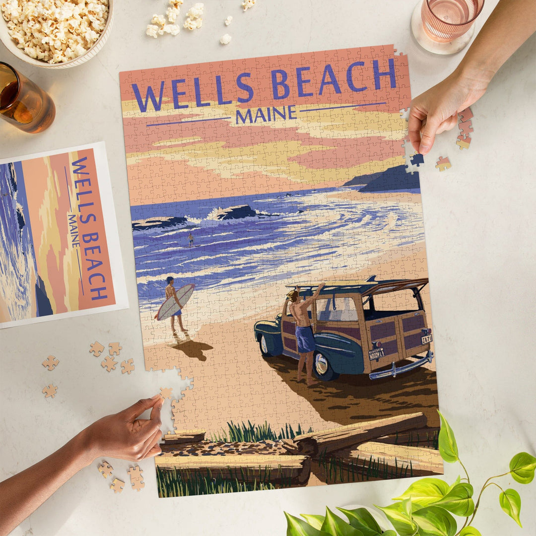 Wells Beach, Maine, Woody and Surfer on Beach, Jigsaw Puzzle Puzzle Lantern Press 