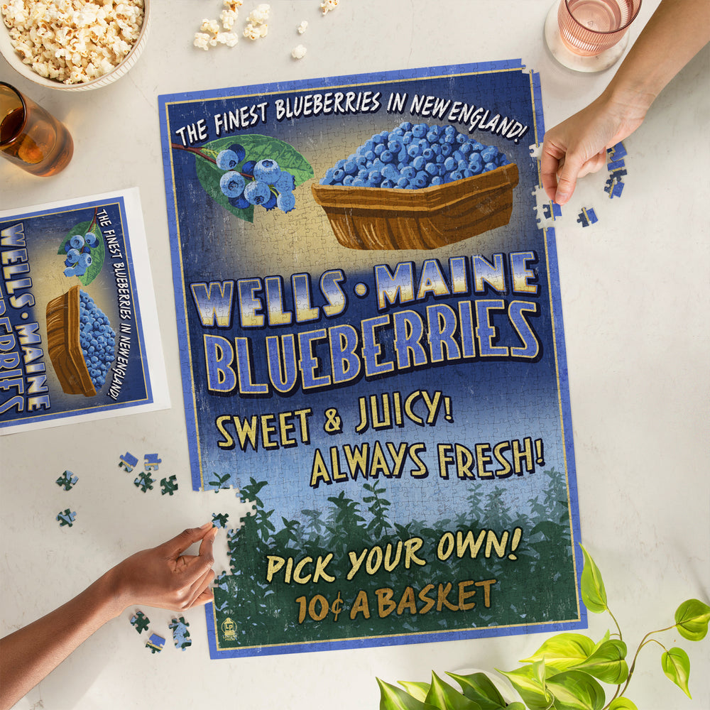 Wells, Maine, Blueberry Vintage Sign, Jigsaw Puzzle Puzzle Lantern Press 
