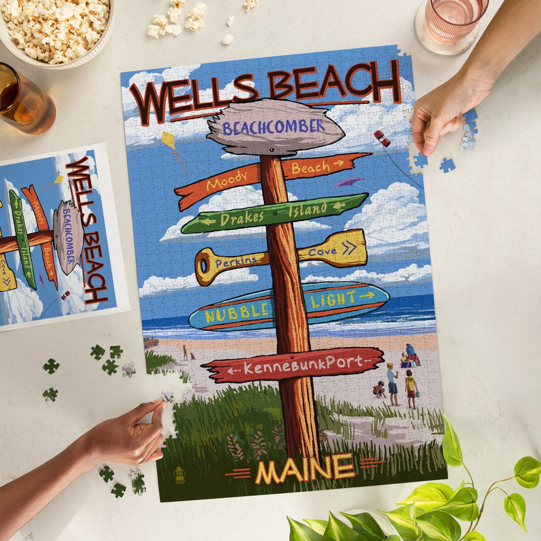 Wells, Maine, Wells Beach, Signpost, Jigsaw Puzzle Puzzle Lantern Press 