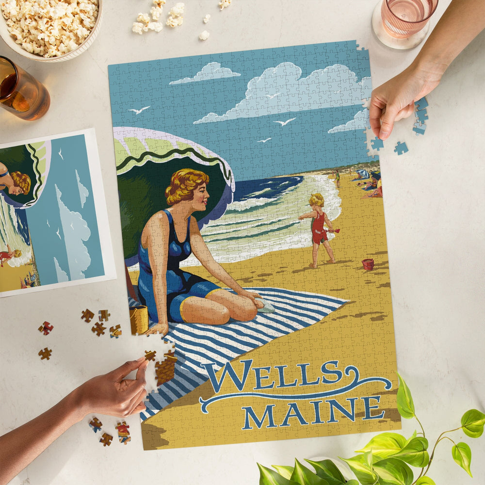 Wells, Maine, Woman on Beach, Jigsaw Puzzle Puzzle Lantern Press 