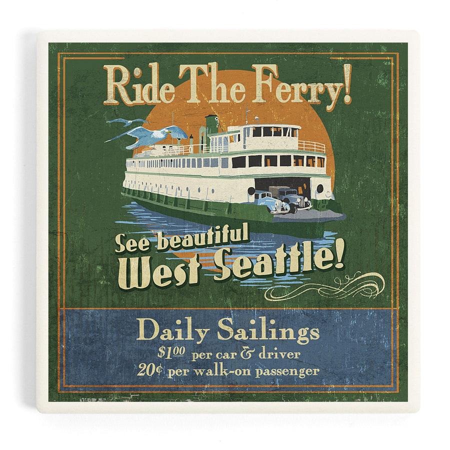 West Seattle, Ferry Vintage Sign, Coasters Coasters Lantern Press 