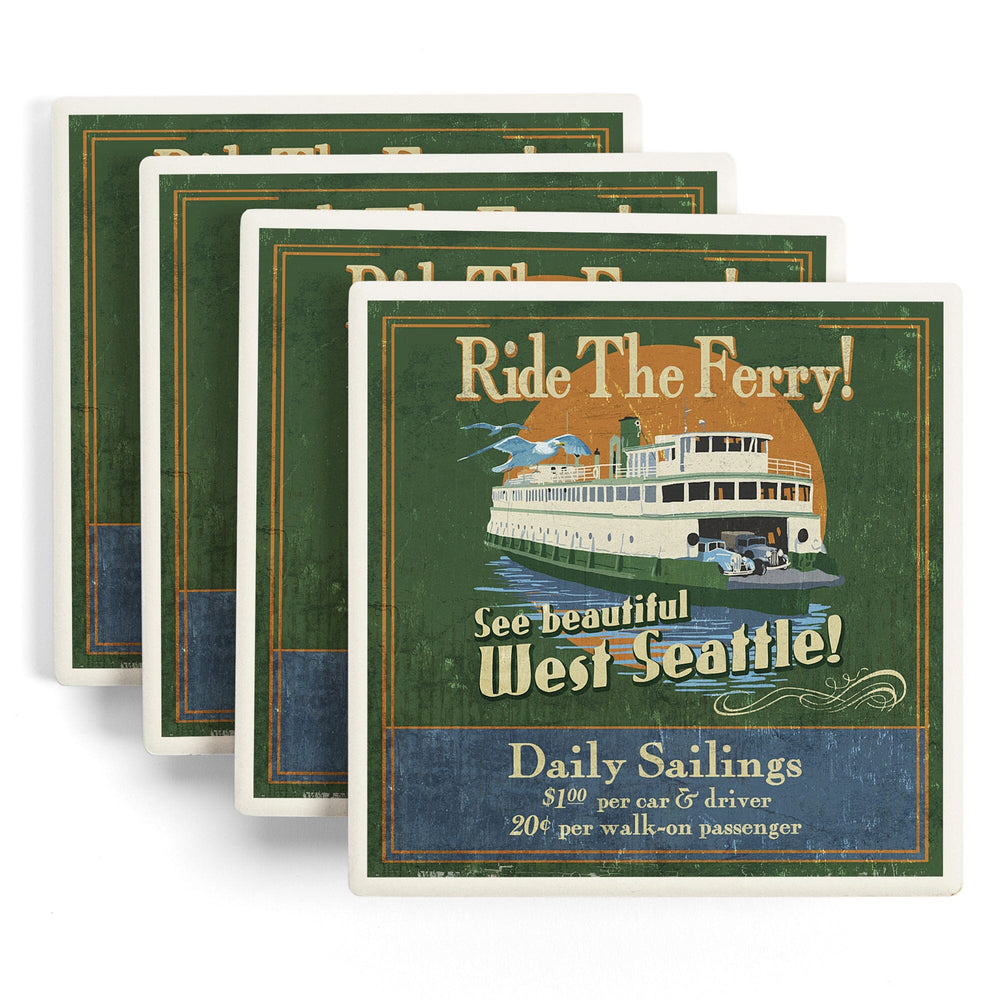 West Seattle, Ferry Vintage Sign, Coasters Coasters Lantern Press 