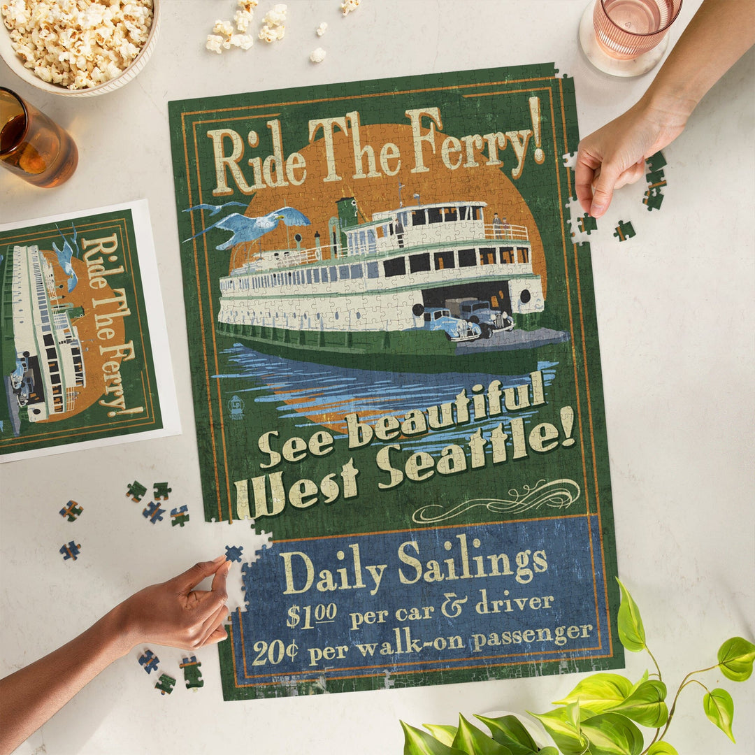West Seattle, Ferry Vintage Sign, Jigsaw Puzzle Puzzle Lantern Press 
