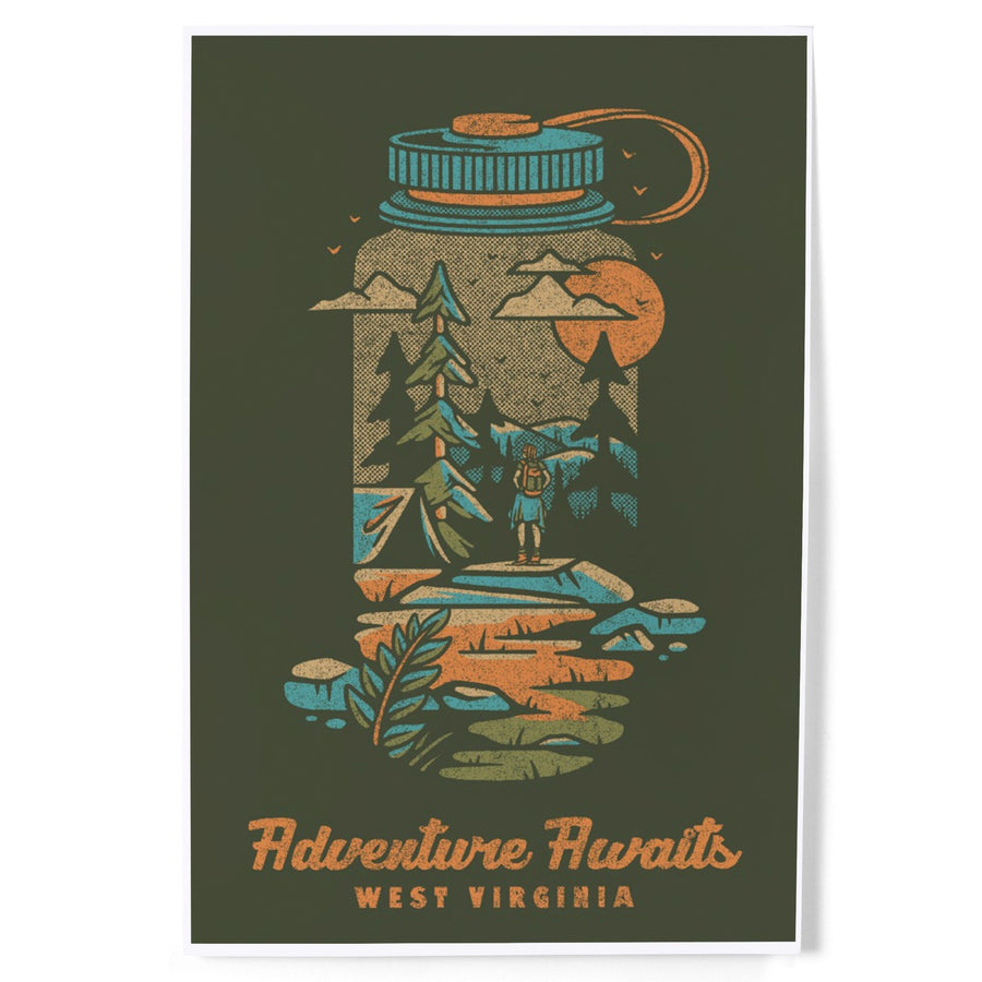 West Virginia, Adventure Awaits, Water Bottle, Lantern Press Artwork, Art & Giclee Prints Art Lantern Press 